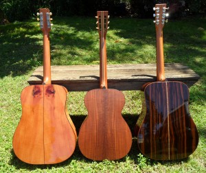 A sample of three woods used for custom guitars